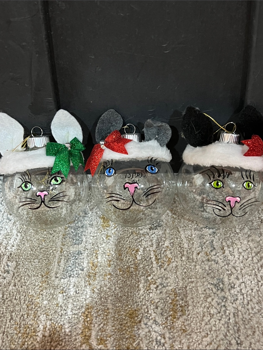 Hand decorated kitty cat Christmas ornaments set of 3 z93